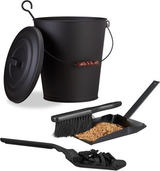 Relaxdays 3x Accessori Da Camino, Secchio Con Coperchio, Paletta Raccogli Cenere, Scopetta, In Acciaio, 24 L, Con Manico, Nero