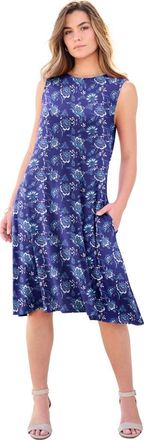 Roaman's Plus Size Stretch Knit Two Pocket Swing Tank Dress in Navy Porcelain Floral at Nordstrom, Size 24