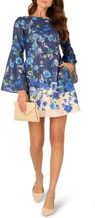 Adrianna Papell Floral Long Sleeve Fit & Flare Minidress in Navy Multi at Nordstrom, Size 10