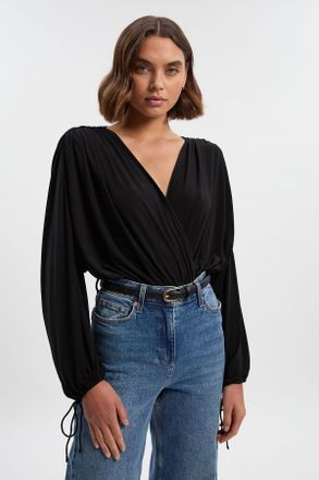 Karen Millen Womens Stretch Drapey Crepe Ruched Plunge Neck Batwing Sleeve Bodysuit - Black - Size X-Small