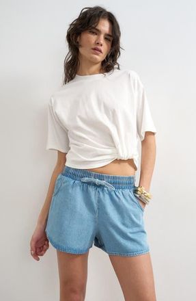 Topshop Denim Drawstring Running Shorts in Medium Blue at Nordstrom, Size 10 Us