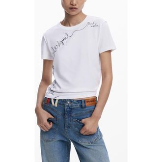 Desigual Embroidered Stretch Cotton T-Shirt in White at Nordstrom, Size X-Small