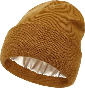 Generic Satin Lined Beanie Hats for Women Men Stretchy Knitted Cuffed Hat with Silky Lining Unisex Soft Warm Winter Solid Skull Cap
