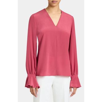 Santorelli Rue Silk Long Sleeve Blouse in Silk Crepe de Chine in Peony at Nordstrom, Size 2