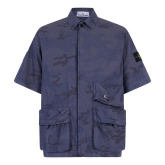 Stone Island Short Sleeve Shirts, male, Blue, Size: XL Short Sleeve Shirt in Micro Ripstop