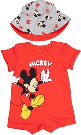Disney Mickey Mouse 2-Piece Romper and Bucket Hat Set in Mickey Crimson Red at Nordstrom, Size Newborn