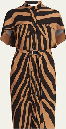 Ferragamo Zebra Silk-Blend Belted Midi Utility Shirtdress