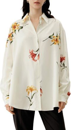 LilySilk Womens Lily Print Silk Oversize Shirt in Lily White at Nordstrom, Size Medium