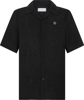 Philipp Plein Geborduurd Linnen Bowling Shirt Tattoo Strass - Heren - Korte mouwen Overhemden - Zwart - M - Linnen - Overhemden