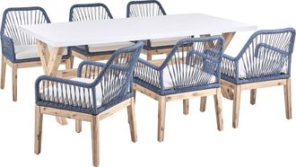 Beliani Conjunto De Comedor Exterior Con Sillas Mesa Tablero De Hormig&oacute;n Patas De Madera 6 Sillas De Polipropileno Cojines Blanco Azul Marino Olbia