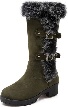 Generic Womens Faux Suede Winter Boots with Buckle Block Heel Platform Long Boots Round Toe Mid-Calf Boot,Green,6.5 UK
