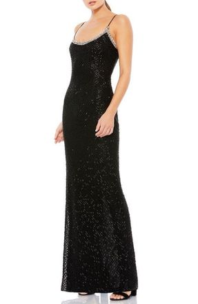 Mac Duggal Rhinestone Encrusted Scoop Neckline Beaded Gown in Black at Nordstrom, Size 16