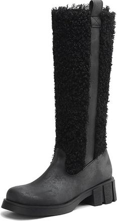 Generic Womens Pull on Knee High Boots Round Toe PU Leather Long Boots Chunky Heel Platform Winter Boot,Black,4.5 UK
