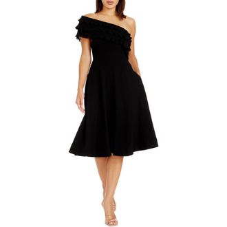 Dress The Population Kristy Ruffle One-Shoulder Cocktail Dress in Black at Nordstrom Rack, Size Xx-Small