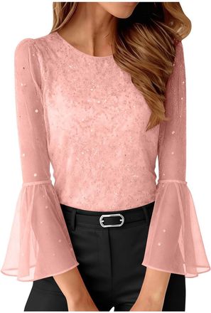 Generic Womens Sequin Tops Sexy Round Neck Mesh Long Bell Sleeve Top Summer Slim Fit Sparkling Blouse Shirt Pink