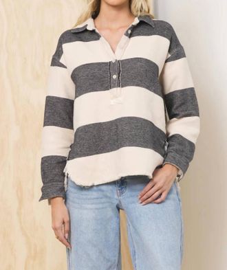 Vintage Havana Buffalo Stripe Quarter Button Down In Black & Cream
