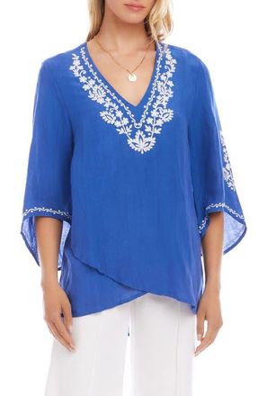 Karen Kane Embroidered Asymmetric Hem Linen Blend Top in Blue at Nordstrom, Size X-Small