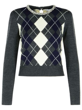 Self Portrait Grauer Wollpullover Argyle Crystal von Self Portrait