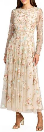 Mac Duggal Floral Embellished Long Sleeve Mesh Midi Dress in Beige Multi at Nordstrom, Size 16
