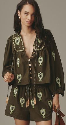 Farm Rio Embroidered Linen Blend Blouse