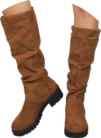 Generic Women Suede Knee High Boots 2025 Winter Fashion Solid Color Slouch Ruched Wide Calf Round Toe Comfort Non Slip Long Booties Casual Comfortable Chunky 
