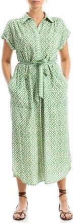 Max Studio Short Sleeve Tie Waist Shirtdress in Green/Cream at Nordstrom Rack, Size X-Small