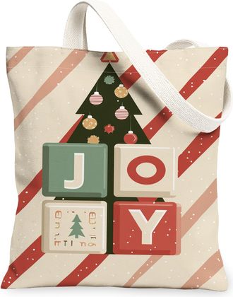 Generic Christmas Tree Canvas Tote Bags, Joyful Blocks Pattern Reusable Grocery Bags, Vintage Holiday Lightweight Washable Shoulder Strap Canvas for Travel Sh