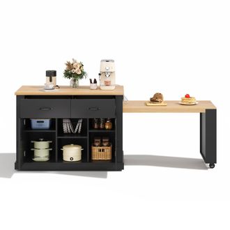 STILVORA Carro De Cocina Con 2 Puertas 2 Cajones Mesa Extensible Tomas Usb Y Ruedas, Mdf, 132(235) X 70 X 90 Cm, Negro