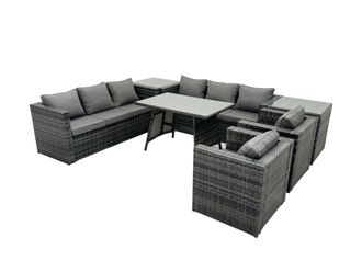 Fimous Rattan Dining Table Sofa Set with 2 Side Tables Outdoor 8 Seat in Dark Grey