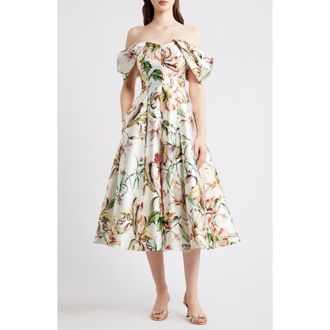 Eliza J Off-th-Shoulder Floral Midi Dress in Ivory Mult at Nordstrom, Size 12