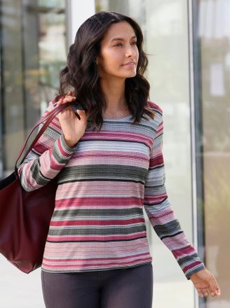 Casual Looks Langarmshirt CASUAL LOOKS Druck-Shirt, Damen, Gr. 36, rot (bordeaux, graphit, geringelt), 50% Baumwolle, 50% Modal, bedruckt, gemustert, gestreift, me