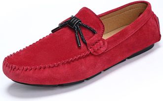 Generic Mens Loafers Shoe PU Suede Vamp Stitching Details Bow Round Toe Flat Heel Flexible Lightweight Prom Party Slip-ons(Red,7.5 UK)