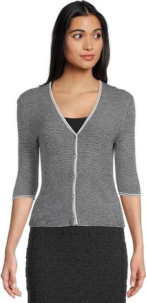 Vince Microstripe V-neck Cardigan Womens Sweater White/Coastal Blue : XS, Cashmere/Silk