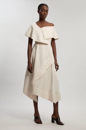 Karen Millen Womens Petite Premium Viscose Linen Tailored Asymmetric Neck Full Skirted Midi Dress - White - Size 10 UK