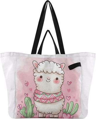 Generic Scarfed Alpaca Cactus Pink print Reusable Canvas Tote Bag, Heavy Duty Grocery Shopping Bag with Double Handles Large Capacity Hard Bottom Work Groceri