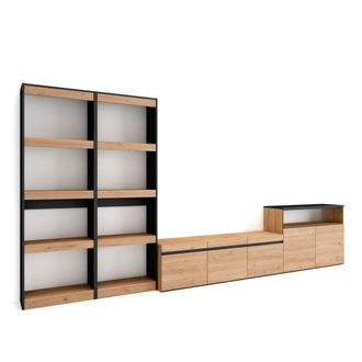 Skraut Home Muebles de sal&oacute;n para tv efecto madera roble y negro 370x35x186cm