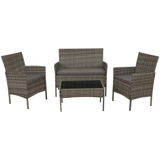 Hhg Hhg - Conjunto De Jard&iacute;n De Polirrat&aacute;n 069, Grupo De Asientos Conjunto De Sal&oacute;n, Metal Vidrio Tela/textil (180g/m&sup2;), Gris, Cojines Gris Claro