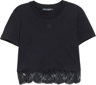 Dolce & Gabbana Logo Embroidered Lace Trim T-Shirt in Nero at Nordstrom, Size 44