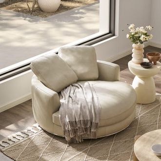 Castlery Beige Top Grain Leather Swivel Extended Armchair | Hamilton by Castlery, Modern Lounge Chair with 360&deg; Swivel Base, White