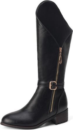 Generic Womens Round Toe Mid-Calf Boots PU Leather Knight Boots with Side Zipper Block Heel Long Boot with Buckle,Black,7.5 UK
