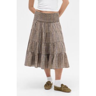 BDG Becks Smocked Tiered Cotton Midi Skirt in Brown Check at Nordstrom Rack, Size X-Small