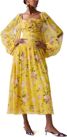 Carolina Herrera Puff Sleeve Full Gathered Silk Midi Dress