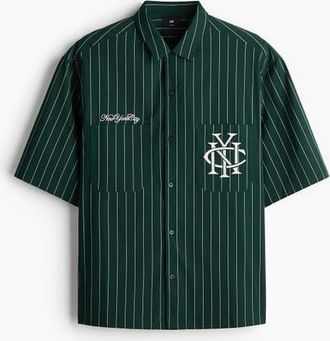 H&M Regular Fit Embroidered-motif Shirt in Dark Green/striped at Nordstrom, Size Xx-Large
