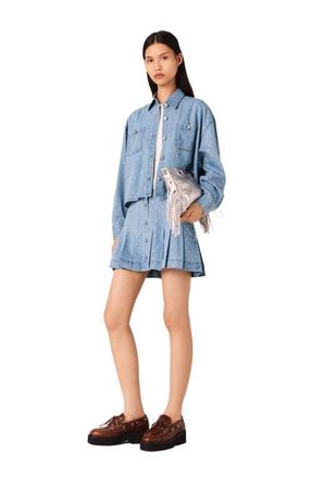 Maje Short rhinestone denim shirt in Denim Blue at Nordstrom, Size Large