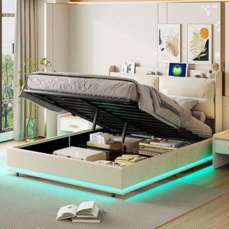OEM Cama Lit 160x200 Cm De Terciopelo Beige Con Led Y Puerto Usb, Somier De Lamas, Cabecera