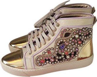 Rene Caovilla Metallic gold leather & crystal cut-out trainers Size 36