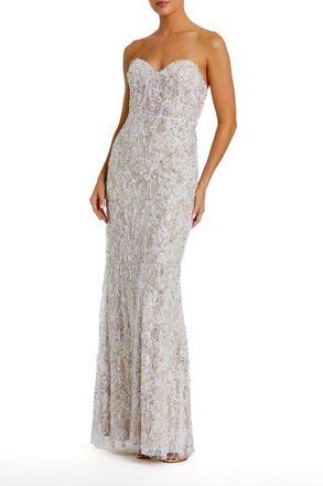 Mac Duggal Embellished Applique Strapless Bustier Gown in Ivory Nude at Nordstrom, Size 12