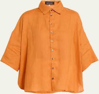 Eskandar Sloped Shoulder Wide A-Line Short Sleeve Shirt With Collar - Mid Length