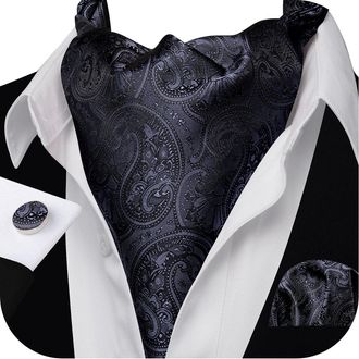 Barry.Wang Mens Cravat Tie Silk Ascot Charcoal Black Paisley Scarf Self Ties Pocket Square Cufflinks Set Dress Wedding
