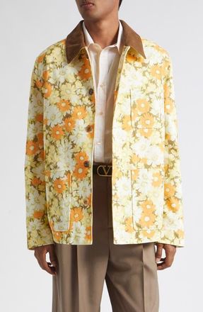 Valentino Papier Floral Print Cotton Twill Shirt Jacket in Yellow Multi at Nordstrom, Size 50